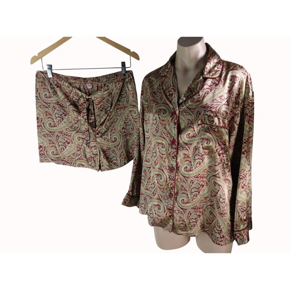 Victorias Secret Gold Burgundy 2 Pc Pajama Set L XL Menswear Button Top Shorts - Picture 1 of 15